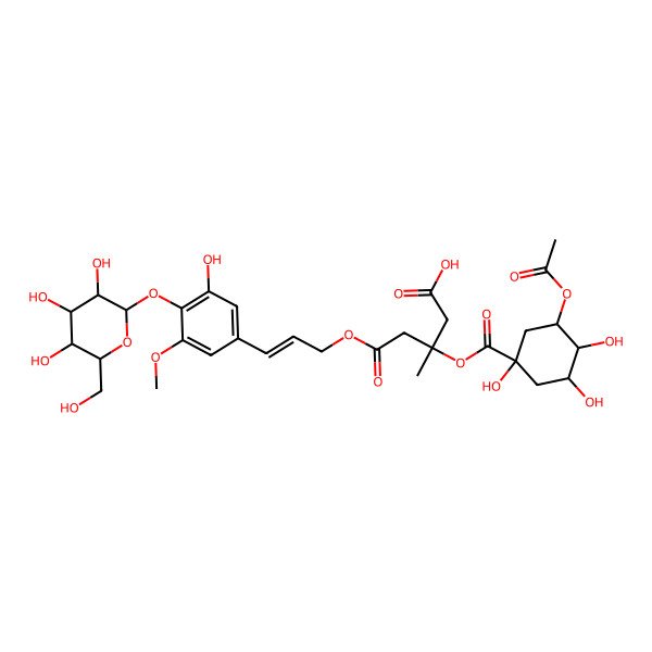 2D Structure of (3S)-3-[(1S,3R,4R,5R)-3-acetyloxy-1,4,5-trihydroxycyclohexanecarbonyl]oxy-5-[(E)-3-[3-hydroxy-5-methoxy-4-[(2S,3R,4S,5S,6R)-3,4,5-trihydroxy-6-(hydroxymethyl)oxan-2-yl]oxyphenyl]prop-2-enoxy]-3-methyl-5-oxopentanoic acid