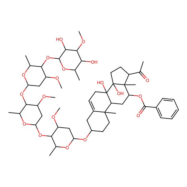 2D Structure of [(3S,8S,9R,10R,12R,13S,14R,17S)-17-acetyl-3-[(2R,4S,5R,6R)-5-[(2S,4S,5R,6R)-5-[(2S,4S,5R,6R)-5-[(2S,3R,4S,5R,6R)-3,5-dihydroxy-4-methoxy-6-methyloxan-2-yl]oxy-4-methoxy-6-methyloxan-2-yl]oxy-4-methoxy-6-methyloxan-2-yl]oxy-4-methoxy-6-methyloxan-2-yl]oxy-8,14-dihydroxy-10,13-dimethyl-2,3,4,7,9,11,12,15,16,17-decahydro-1H-cyclopenta[a]phenanthren-12-yl] benzoate