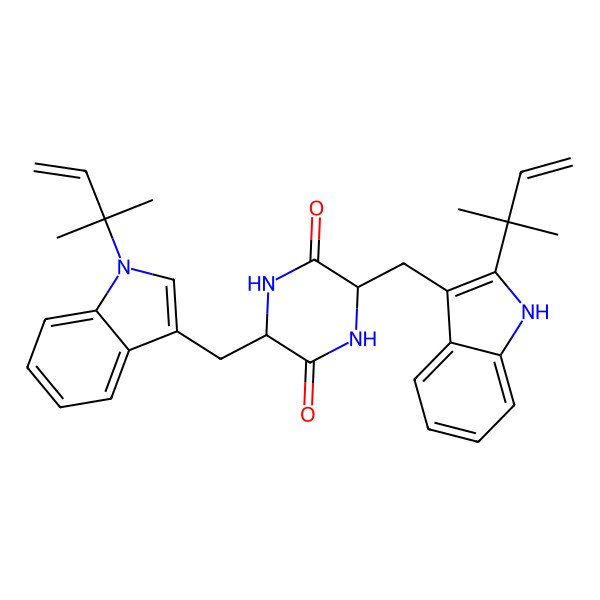 2D Structure of (3S)-3alpha-[1-(1,1-Dimethyl-2-propenyl)-1H-indole-3-ylmethyl]-6alpha-[2-(1,1-dimethyl-2-propenyl)-1H-indole-3-ylmethyl]piperazine-2,5-dione