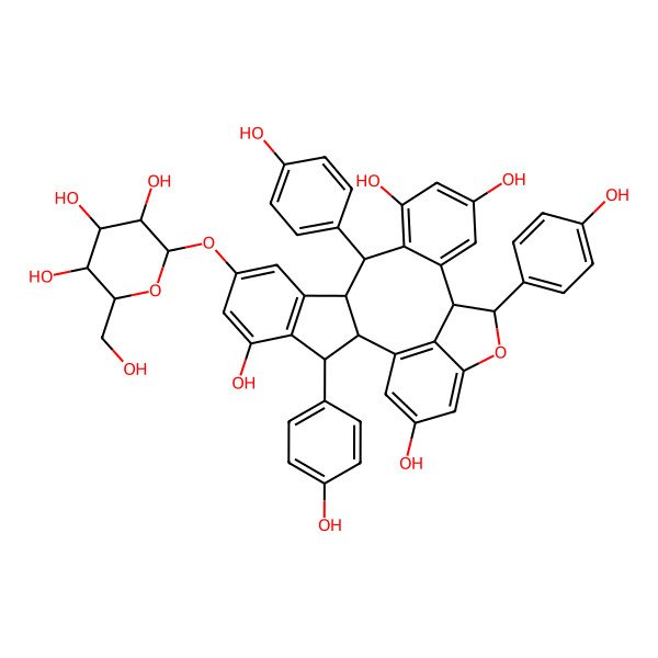2D Structure of 3,11,19-Tris(4-hydroxyphenyl)-7-[3,4,5-trihydroxy-6-(hydroxymethyl)oxan-2-yl]oxy-20-oxahexacyclo[16.6.1.02,10.04,9.012,17.021,25]pentacosa-1(25),4(9),5,7,12(17),13,15,21,23-nonaene-5,13,15,23-tetrol