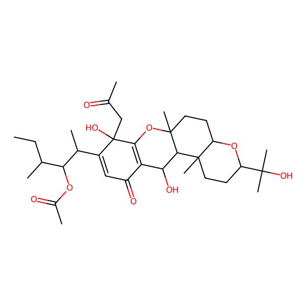 2D Structure of [2-[8,12-Dihydroxy-3-(2-hydroxypropan-2-yl)-6a,12b-dimethyl-11-oxo-8-(2-oxopropyl)-1,2,3,4a,5,6,12,12a-octahydropyrano[3,2-a]xanthen-9-yl]-4-methylhexan-3-yl] acetate