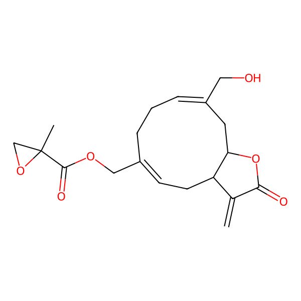 2D Structure of [(3aR,5Z,9Z,11aS)-10-(hydroxymethyl)-3-methylidene-2-oxo-3a,4,7,8,11,11a-hexahydrocyclodeca[b]furan-6-yl]methyl (2S)-2-methyloxirane-2-carboxylate