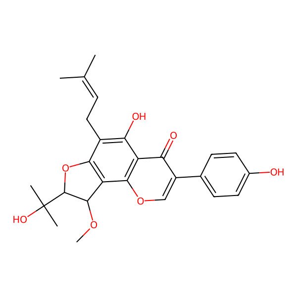 2D Structure of (8S,9S)-5-hydroxy-3-(4-hydroxyphenyl)-8-(2-hydroxypropan-2-yl)-9-methoxy-6-(3-methylbut-2-enyl)-8,9-dihydrofuro[2,3-h]chromen-4-one