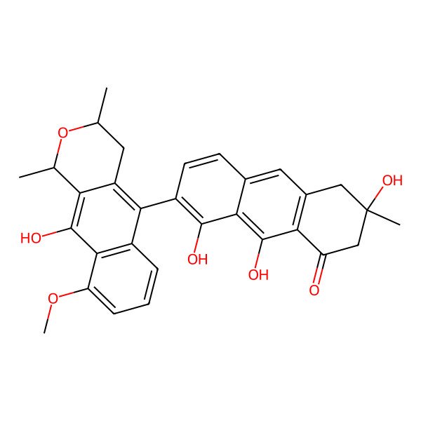 2D Structure of 3,8,9-trihydroxy-7-(10-hydroxy-9-methoxy-1,3-dimethyl-3,4-dihydro-1H-benzo[g]isochromen-5-yl)-3-methyl-2,4-dihydroanthracen-1-one