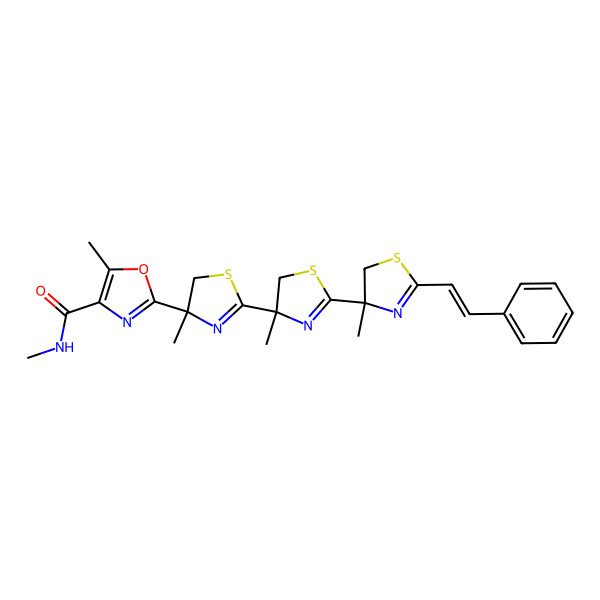 2D Structure of N,5-dimethyl-2-[4-methyl-2-[4-methyl-2-[4-methyl-2-(2-phenylethenyl)-5H-1,3-thiazol-4-yl]-5H-1,3-thiazol-4-yl]-5H-1,3-thiazol-4-yl]-1,3-oxazole-4-carboxamide