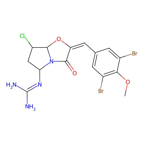 2D Structure of 2-[7-Chloro-2-[(3,5-dibromo-4-methoxyphenyl)methylidene]-3-oxo-5,6,7,7a-tetrahydropyrrolo[2,1-b][1,3]oxazol-5-yl]guanidine
