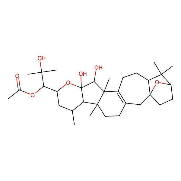 2D Structure of [1-(12,13-Dihydroxy-6,8,14,19,19-pentamethyl-11,23-dioxahexacyclo[18.2.1.01,18.03,15.06,14.07,12]tricos-3(15)-en-10-yl)-2-hydroxy-2-methylpropyl] acetate
