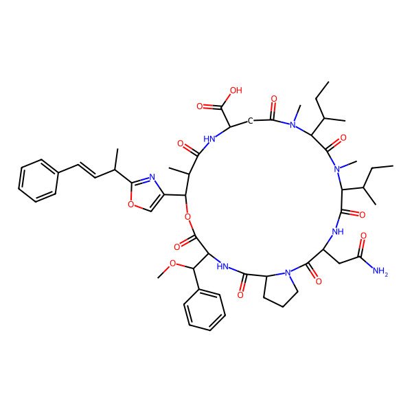 2D Structure of (3S,6S,9R,13R,16R,17R,20S,23S)-3-(2-amino-2-oxoethyl)-6-[(2S)-butan-2-yl]-9-[(2R)-butan-2-yl]-20-[(R)-methoxy(phenyl)methyl]-7,10,16-trimethyl-2,5,8,11,15,19,22-heptaoxo-17-[2-[(E,2S)-4-phenylbut-3-en-2-yl]-1,3-oxazol-4-yl]-18-oxa-1,4,7,10,14,21-hexazabicyclo[21.3.0]hexacosane-13-carboxylic acid