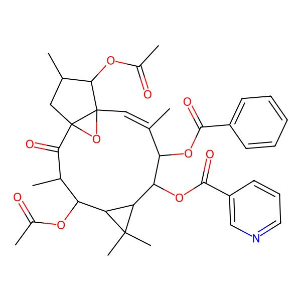2D Structure of [(1R,3R,4R,5R,7S,8S,9R,10E,12S,13S,14S)-4,13-diacetyloxy-9-benzoyloxy-3,6,6,10,14-pentamethyl-2-oxo-16-oxatetracyclo[10.3.1.01,12.05,7]hexadec-10-en-8-yl] pyridine-3-carboxylate