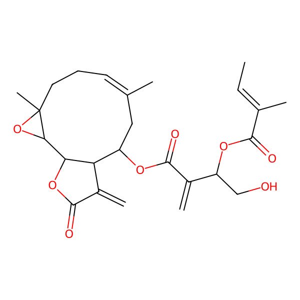 2D Structure of (4,8-Dimethyl-12-methylidene-13-oxo-3,14-dioxatricyclo[9.3.0.02,4]tetradec-7-en-10-yl) 4-hydroxy-3-(2-methylbut-2-enoyloxy)-2-methylidenebutanoate
