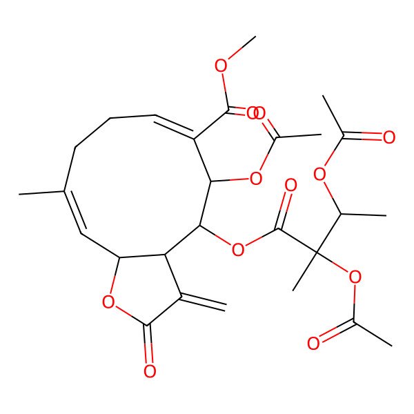 2D Structure of methyl (3aS,4R,5R,6E,10Z,11aR)-5-acetyloxy-4-[(2R,3R)-2,3-diacetyloxy-2-methylbutanoyl]oxy-10-methyl-3-methylidene-2-oxo-3a,4,5,8,9,11a-hexahydrocyclodeca[b]furan-6-carboxylate