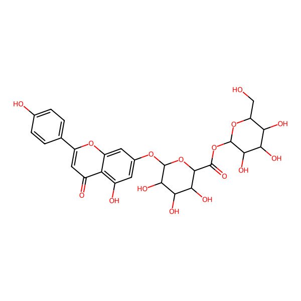 2D Structure of [(2S,3R,4S,5S,6R)-3,4,5-trihydroxy-6-(hydroxymethyl)oxan-2-yl] (2S,3S,4S,5R,6S)-3,4,5-trihydroxy-6-[5-hydroxy-2-(4-hydroxyphenyl)-4-oxochromen-7-yl]oxyoxane-2-carboxylate