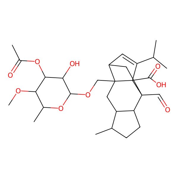 2D Structure of (1R,2S,4R,5R,8R,9S,11S)-2-[[(2R,3S,4S,5R,6R)-4-acetyloxy-3-hydroxy-5-methoxy-6-methyloxan-2-yl]oxymethyl]-9-formyl-5-methyl-13-propan-2-yltetracyclo[7.4.0.02,11.04,8]tridec-12-ene-1-carboxylic acid