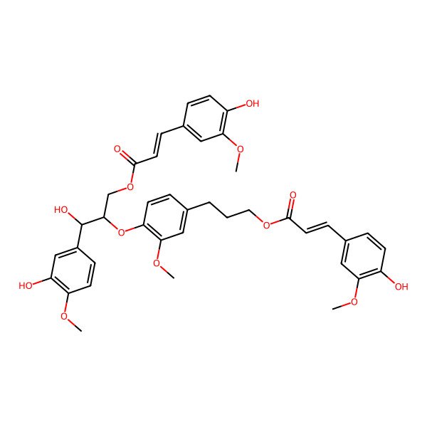 2D Structure of 3-[4-[(1R,2S)-1-hydroxy-1-(3-hydroxy-4-methoxyphenyl)-3-[(E)-3-(4-hydroxy-3-methoxyphenyl)prop-2-enoyl]oxypropan-2-yl]oxy-3-methoxyphenyl]propyl (E)-3-(4-hydroxy-3-methoxyphenyl)prop-2-enoate