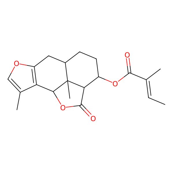 2D Structure of (3,15-Dimethyl-13-oxo-5,14-dioxatetracyclo[6.6.1.02,6.012,15]pentadeca-2(6),3-dien-11-yl) 2-methylbut-2-enoate