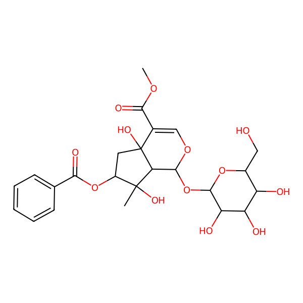 2D Structure of methyl (1S,4aR,6S,7R,7aS)-6-benzoyloxy-4a,7-dihydroxy-7-methyl-1-[(2S,3R,4S,5S,6R)-3,4,5-trihydroxy-6-(hydroxymethyl)oxan-2-yl]oxy-1,5,6,7a-tetrahydrocyclopenta[c]pyran-4-carboxylate