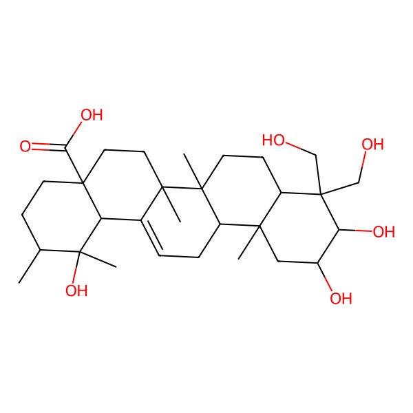 2D Structure of (1R,2R,4aS,6aR,6aS,6bR,8aR,10S,11R,12aR,14bS)-1,10,11-trihydroxy-9,9-bis(hydroxymethyl)-1,2,6a,6b,12a-pentamethyl-2,3,4,5,6,6a,7,8,8a,10,11,12,13,14b-tetradecahydropicene-4a-carboxylic acid