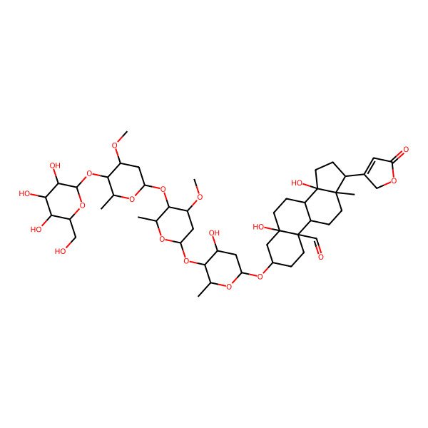 2D Structure of 5,14-dihydroxy-3-[4-hydroxy-5-[4-methoxy-5-[4-methoxy-6-methyl-5-[3,4,5-trihydroxy-6-(hydroxymethyl)oxan-2-yl]oxyoxan-2-yl]oxy-6-methyloxan-2-yl]oxy-6-methyloxan-2-yl]oxy-13-methyl-17-(5-oxo-2H-furan-3-yl)-2,3,4,6,7,8,9,11,12,15,16,17-dodecahydro-1H-cyclopenta[a]phenanthrene-10-carbaldehyde