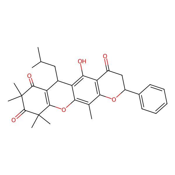 2D Structure of (2S,6R)-5-hydroxy-8,8,10,10,12-pentamethyl-6-(2-methylpropyl)-2-phenyl-3,6-dihydro-2H-chromeno[3,2-g]chromene-4,7,9-trione