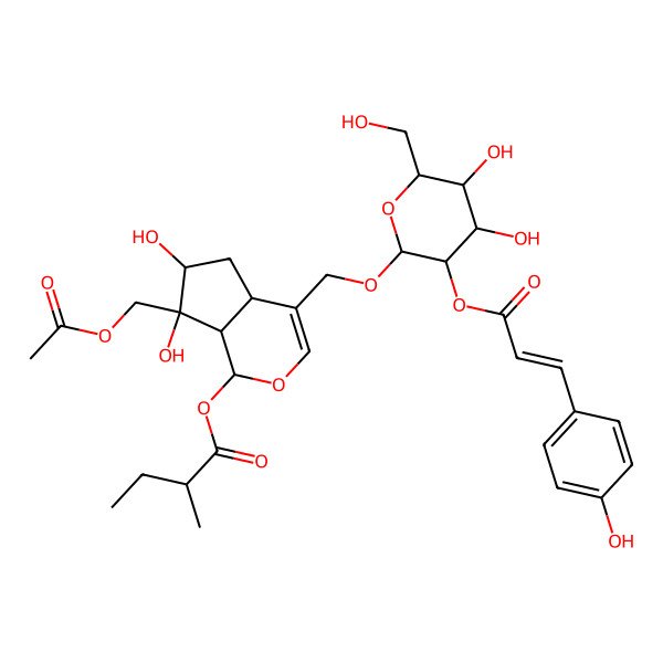 2D Structure of [(1S,4aS,6S,7R,7aS)-7-(acetyloxymethyl)-4-[[(2R,3R,4S,5S,6R)-4,5-dihydroxy-6-(hydroxymethyl)-3-[(Z)-3-(4-hydroxyphenyl)prop-2-enoyl]oxyoxan-2-yl]oxymethyl]-6,7-dihydroxy-4a,5,6,7a-tetrahydro-1H-cyclopenta[c]pyran-1-yl] (2R)-2-methylbutanoate