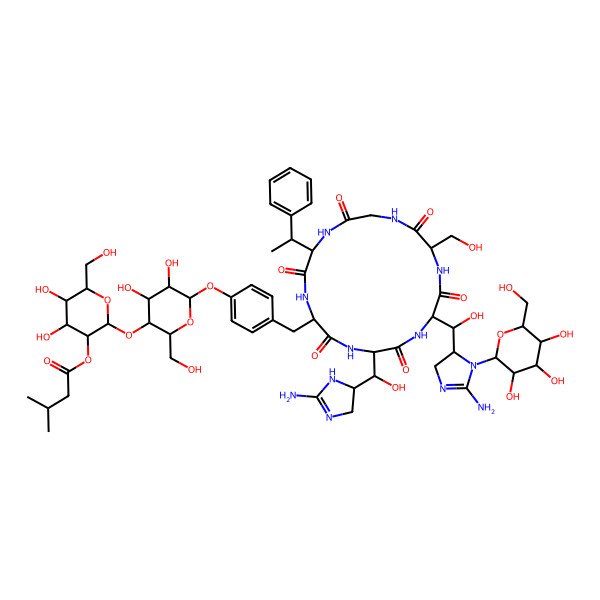 2D Structure of [2-[6-[4-[[5-[(2-amino-4,5-dihydro-1H-imidazol-5-yl)-hydroxymethyl]-8-[[2-amino-3-[3,4,5-trihydroxy-6-(hydroxymethyl)oxan-2-yl]-4,5-dihydroimidazol-4-yl]-hydroxymethyl]-11-(hydroxymethyl)-3,6,9,12,15,18-hexaoxo-17-(1-phenylethyl)-1,4,7,10,13,16-hexazacyclooctadec-2-yl]methyl]phenoxy]-4,5-dihydroxy-2-(hydroxymethyl)oxan-3-yl]oxy-4,5-dihydroxy-6-(hydroxymethyl)oxan-3-yl] 3-methylbutanoate