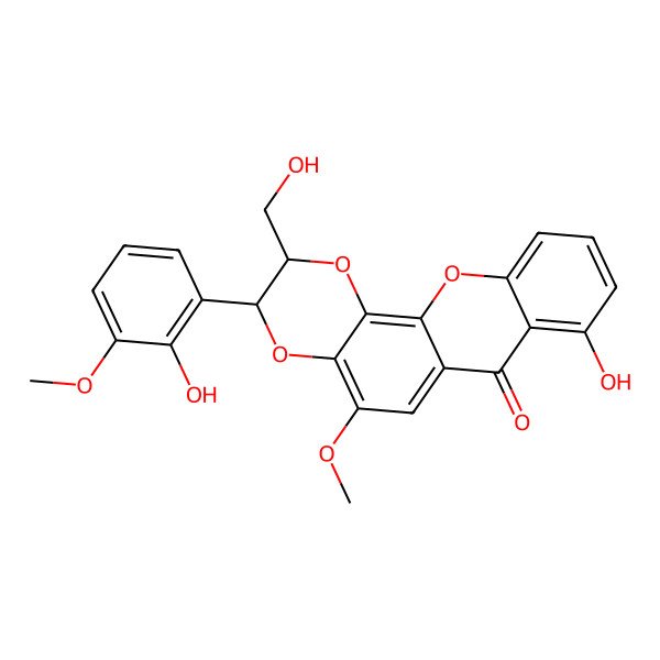 2D Structure of 8-Hydroxy-3-(2-hydroxy-3-methoxyphenyl)-2-(hydroxymethyl)-5-methoxy-2,3-dihydro-[1,4]dioxino[2,3-c]xanthen-7-one