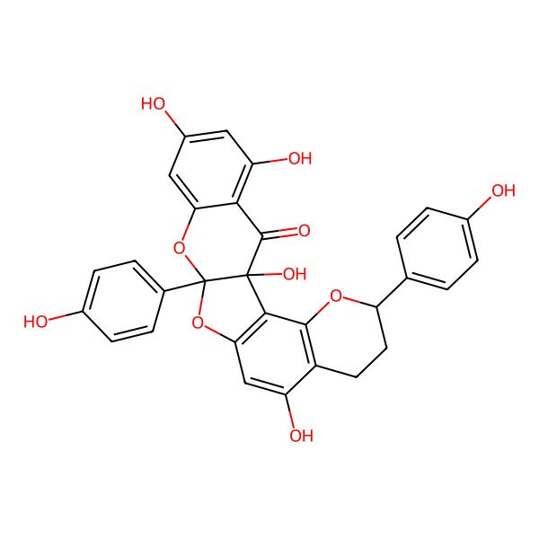 2D Structure of (1R,5S,13R)-1,9,17,19-tetrahydroxy-5,13-bis(4-hydroxyphenyl)-4,12,14-trioxapentacyclo[11.8.0.02,11.03,8.015,20]henicosa-2(11),3(8),9,15,17,19-hexaen-21-one