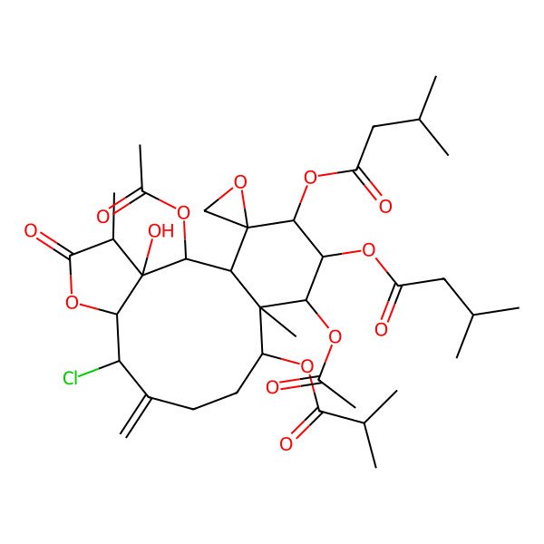 2D Structure of [(1S,2S,3R,4R,7R,8S,12S,13S,14R,15R,16R,17R)-2,14-diacetyloxy-8-chloro-3-hydroxy-4,13-dimethyl-16-(3-methylbutanoyloxy)-9-methylidene-12-(2-methylpropanoyloxy)-5-oxospiro[6-oxatricyclo[11.4.0.03,7]heptadecane-17,2'-oxirane]-15-yl] 3-methylbutanoate