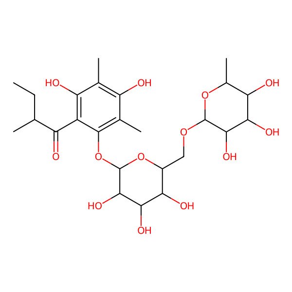 2D Structure of 1-[2,4-Dihydroxy-3,5-dimethyl-6-[3,4,5-trihydroxy-6-[(3,4,5-trihydroxy-6-methyloxan-2-yl)oxymethyl]oxan-2-yl]oxyphenyl]-2-methylbutan-1-one