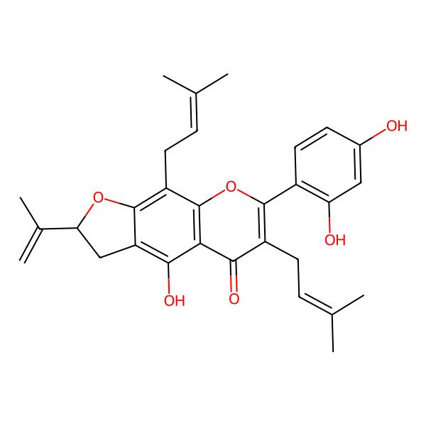 2D Structure of (2S)-7-(2,4-dihydroxyphenyl)-4-hydroxy-6,9-bis(3-methylbut-2-enyl)-2-prop-1-en-2-yl-2,3-dihydrofuro[3,2-g]chromen-5-one