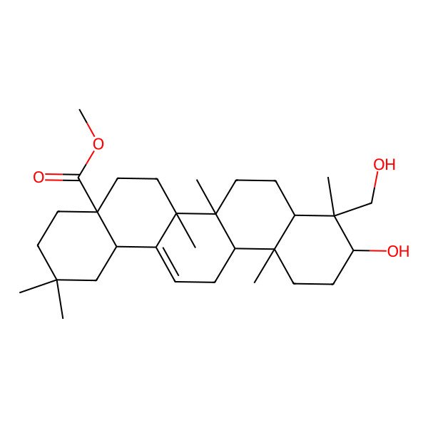 2D Structure of methyl (4aS,6aR,6aS,6bR,8aS,9R,10S,12aR,14bS)-10-hydroxy-9-(hydroxymethyl)-2,2,6a,6b,9,12a-hexamethyl-1,3,4,5,6,6a,7,8,8a,10,11,12,13,14b-tetradecahydropicene-4a-carboxylate