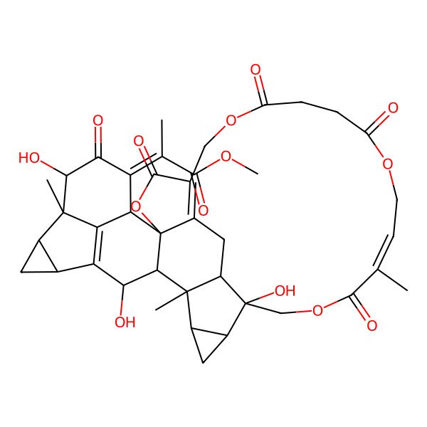 2D Structure of methyl (2Z)-2-[(1R,13E,18S,19S,21R,22S,23R,24R,26S,28R,29S,30R,33R,36R)-18,24,30-trihydroxy-14,22,29-trimethyl-3,7,10,15,31-pentaoxo-2,6,11,16-tetraoxanonacyclo[16.15.3.125,29.01,23.04,34.019,21.022,36.026,28.033,37]heptatriaconta-4(34),13,25(37)-trien-32-ylidene]propanoate