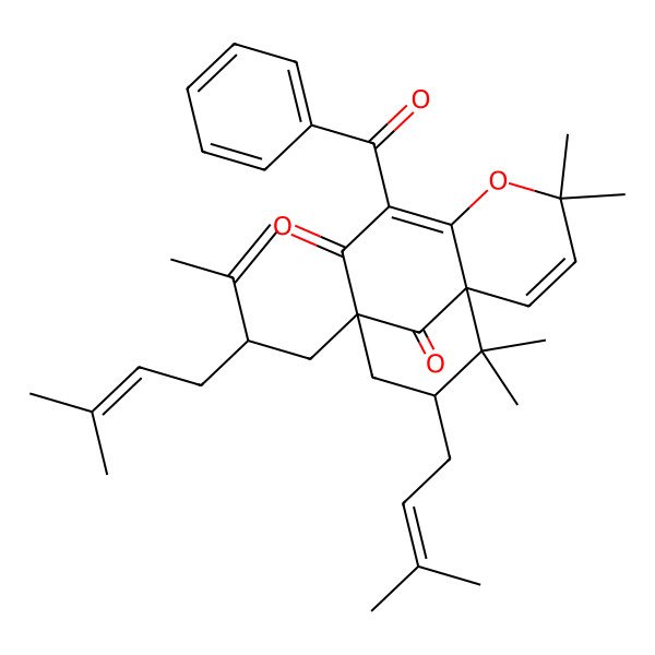 2D Structure of (1S,9R,11R)-7-benzoyl-4,4,12,12-tetramethyl-11-(3-methylbut-2-enyl)-9-[(2S)-5-methyl-2-prop-1-en-2-ylhex-4-enyl]-5-oxatricyclo[7.3.1.01,6]trideca-2,6-diene-8,13-dione