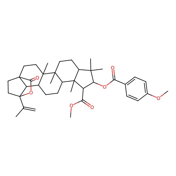 2D Structure of Methyl 10-(4-methoxybenzoyl)oxy-4,5,9,9,12-pentamethyl-20-oxo-18-prop-1-en-2-yl-19-oxahexacyclo[16.2.2.01,17.04,16.05,13.08,12]docosane-11-carboxylate