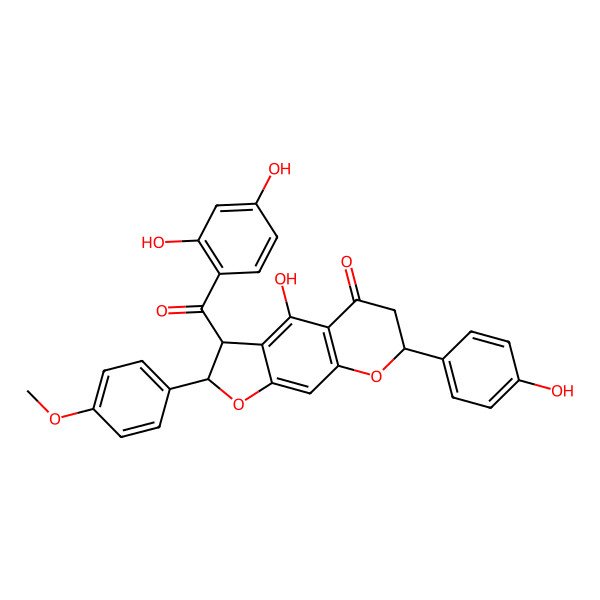 2D Structure of (2S,3S)-3-(2,4-dihydroxybenzoyl)-4-hydroxy-7-(4-hydroxyphenyl)-2-(4-methoxyphenyl)-2,3,6,7-tetrahydrofuro[3,2-g]chromen-5-one