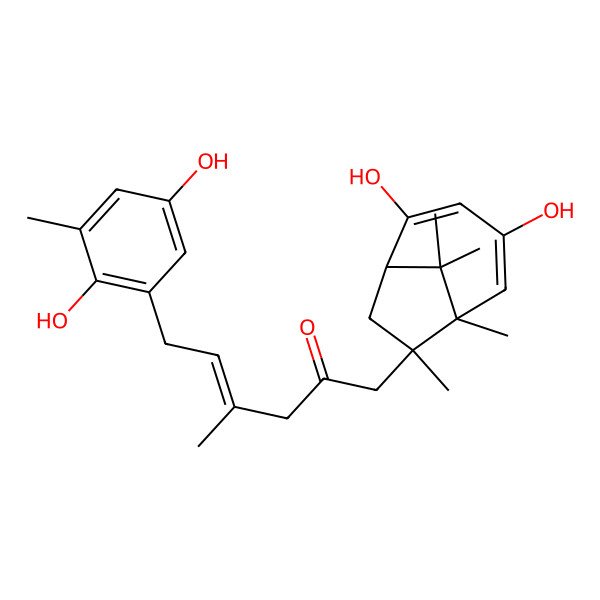 2D Structure of (E)-6-(2,5-dihydroxy-3-methylphenyl)-1-[(1R,6R,7S)-2,4-dihydroxy-6,7,9,9-tetramethyl-7-bicyclo[4.2.1]nona-2,4-dienyl]-4-methylhex-4-en-2-one