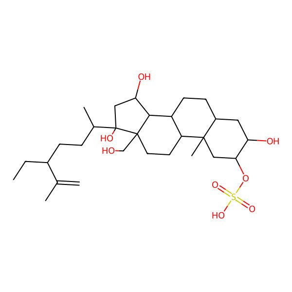 2D Structure of [17-(5-Ethyl-6-methylhept-6-en-2-yl)-3,15,17-trihydroxy-13-(hydroxymethyl)-10-methyl-1,2,3,4,5,6,7,8,9,11,12,14,15,16-tetradecahydrocyclopenta[a]phenanthren-2-yl] hydrogen sulfate