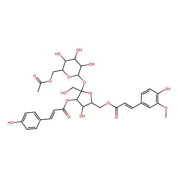 2D Structure of [2-[6-(Acetyloxymethyl)-3,4,5-trihydroxyoxan-2-yl]oxy-4-hydroxy-5-[3-(4-hydroxy-3-methoxyphenyl)prop-2-enoyloxymethyl]-2-(hydroxymethyl)oxolan-3-yl] 3-(4-hydroxyphenyl)prop-2-enoate
