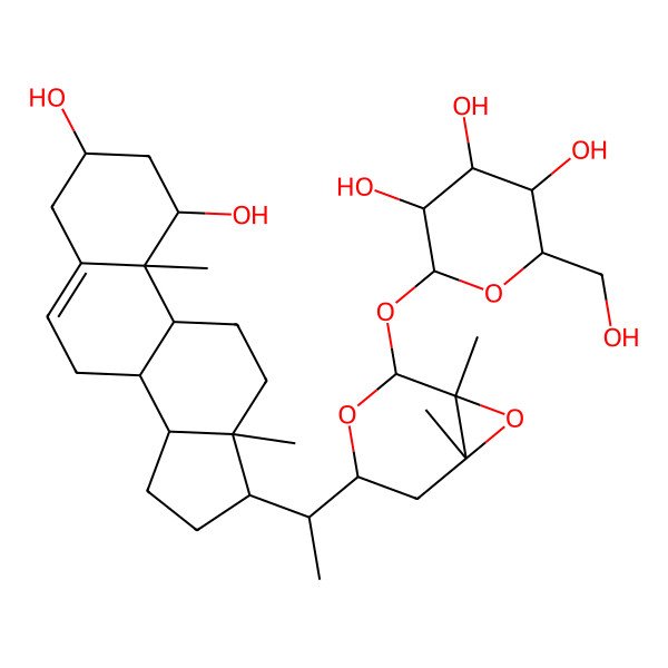 2D Structure of (2S,3R,4S,5S,6R)-2-[[(1S,2S,4R,6S)-4-[(1S)-1-[(1S,3R,8S,9S,10R,13S,14S,17R)-1,3-dihydroxy-10,13-dimethyl-2,3,4,7,8,9,11,12,14,15,16,17-dodecahydro-1H-cyclopenta[a]phenanthren-17-yl]ethyl]-1,6-dimethyl-3,7-dioxabicyclo[4.1.0]heptan-2-yl]oxy]-6-(hydroxymethyl)oxane-3,4,5-triol