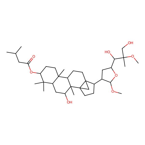 2D Structure of [15-[5-(1,3-Dihydroxy-2-methoxy-2-methylpropyl)-2-methoxyoxolan-3-yl]-3-hydroxy-2,6,6,10-tetramethyl-7-pentacyclo[12.3.1.01,14.02,11.05,10]octadecanyl] 3-methylbutanoate