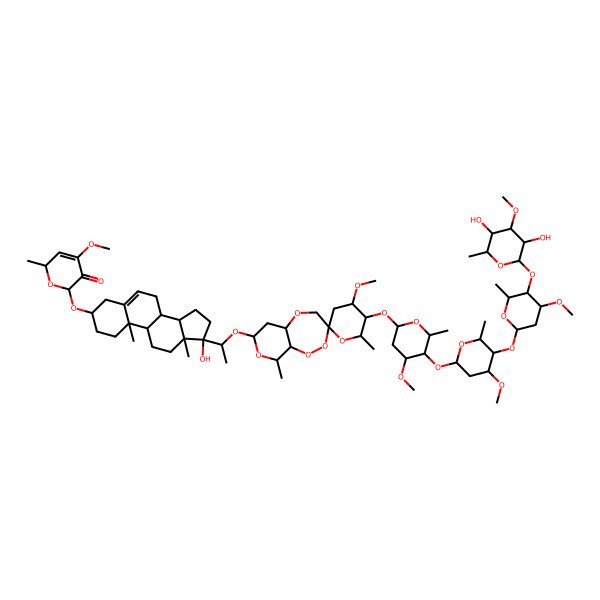 2D Structure of (2S,6S)-6-[[(3S,8R,9S,10R,13R,14S,17S)-17-[(1R)-1-[(3R,4'R,5'R,5aR,6'S,7R,9S,9aS)-5'-[(2R,4R,5R,6S)-5-[(2S,4R,5S,6R)-5-[(2R,4R,5R,6S)-5-[(2R,3S,4R,5S,6S)-3,5-dihydroxy-4-methoxy-6-methyloxan-2-yl]oxy-4-methoxy-6-methyloxan-2-yl]oxy-4-methoxy-6-methyloxan-2-yl]oxy-4-methoxy-6-methyloxan-2-yl]oxy-4'-methoxy-6',9-dimethylspiro[4,5a,6,7,9,9a-hexahydropyrano[3,4-c][1,2,5]trioxepine-3,2'-oxane]-7-yl]oxyethyl]-17-hydroxy-10,13-dimethyl-1,2,3,4,7,8,9,11,12,14,15,16-dodecahydrocyclopenta[a]phenanthren-3-yl]oxy]-4-methoxy-2-methyl-2H-pyran-5-one