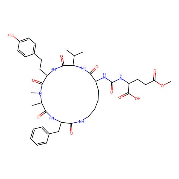 2D Structure of 2-[[3-Benzyl-9-[2-(4-hydroxyphenyl)ethyl]-6,7-dimethyl-2,5,8,11,14-pentaoxo-12-propan-2-yl-1,4,7,10,13-pentazacyclononadec-15-yl]carbamoylamino]-5-methoxy-5-oxopentanoic acid
