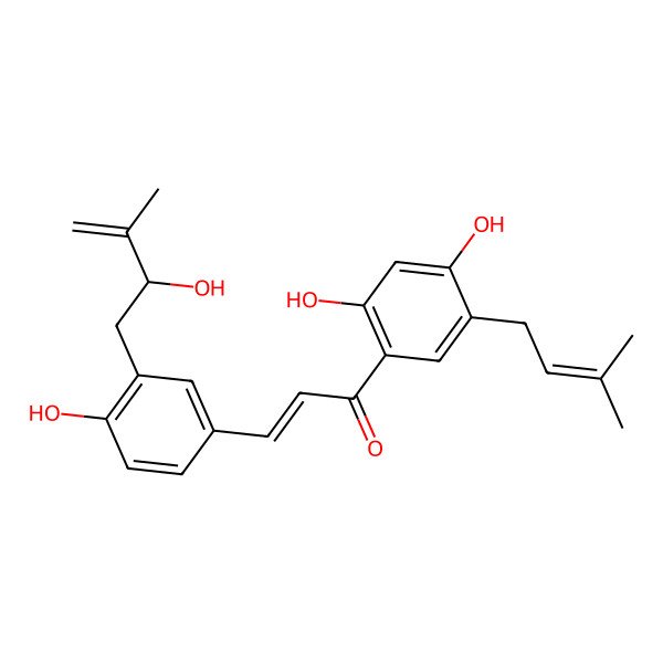 2D Structure of (E)-1-[2,4-dihydroxy-5-(3-methylbut-2-enyl)phenyl]-3-[4-hydroxy-3-[(2R)-2-hydroxy-3-methylbut-3-enyl]phenyl]prop-2-en-1-one