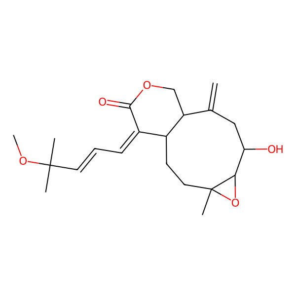 2D Structure of 7-Hydroxy-14-(4-methoxy-4-methylpent-2-enylidene)-4-methyl-9-methylidene-5,12-dioxatricyclo[8.4.0.04,6]tetradecan-13-one