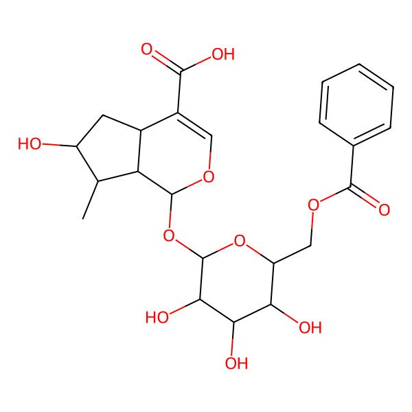 2D Structure of 1-[6-(Benzoyloxymethyl)-3,4,5-trihydroxyoxan-2-yl]oxy-6-hydroxy-7-methyl-1,4a,5,6,7,7a-hexahydrocyclopenta[c]pyran-4-carboxylic acid