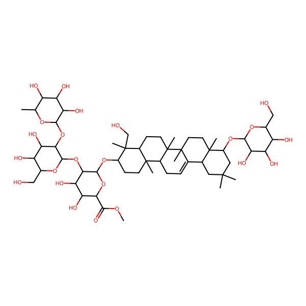 2D Structure of Methyl 5-[4,5-dihydroxy-6-(hydroxymethyl)-3-(3,4,5-trihydroxy-6-methyloxan-2-yl)oxyoxan-2-yl]oxy-3,4-dihydroxy-6-[[4-(hydroxymethyl)-4,6a,6b,8a,11,11,14b-heptamethyl-9-[3,4,5-trihydroxy-6-(hydroxymethyl)oxan-2-yl]oxy-1,2,3,4a,5,6,7,8,9,10,12,12a,14,14a-tetradecahydropicen-3-yl]oxy]oxane-2-carboxylate
