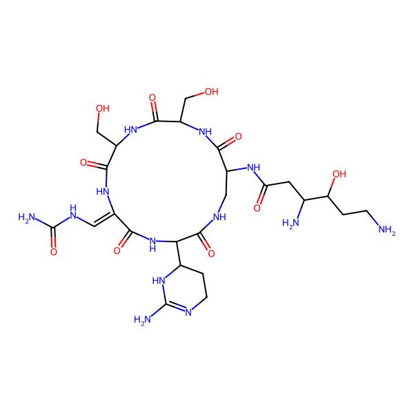 2D Structure of 3,6-diamino-N-[(3R,6Z)-3-(2-amino-1,4,5,6-tetrahydropyrimidin-6-yl)-6-[(carbamoylamino)methylidene]-9,12-bis(hydroxymethyl)-2,5,8,11,14-pentaoxo-1,4,7,10,13-pentazacyclohexadec-15-yl]-4-hydroxyhexanamide