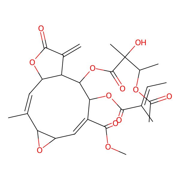 2D Structure of Methyl 10-(3-acetyloxy-2-hydroxy-2-methylbutanoyl)oxy-3-methyl-9-(2-methylbut-2-enoyloxy)-12-methylidene-13-oxo-5,14-dioxatricyclo[9.3.0.04,6]tetradeca-2,7-diene-8-carboxylate