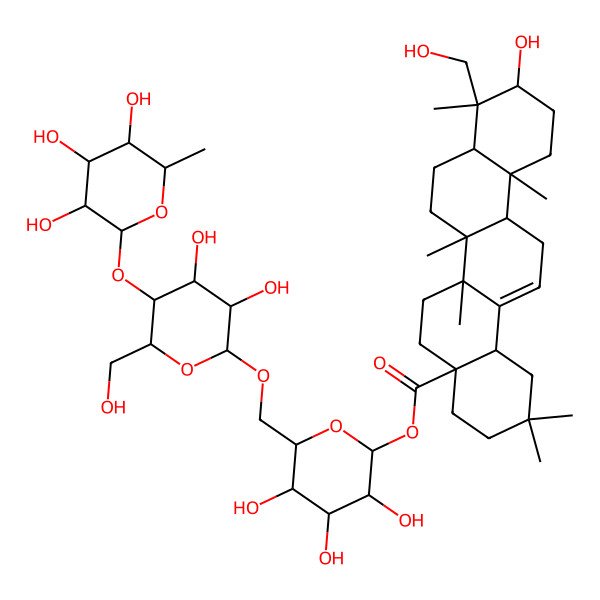 2D Structure of [6-[[3,4-Dihydroxy-6-(hydroxymethyl)-5-(3,4,5-trihydroxy-6-methyloxan-2-yl)oxyoxan-2-yl]oxymethyl]-3,4,5-trihydroxyoxan-2-yl] 10-hydroxy-9-(hydroxymethyl)-2,2,6a,6b,9,12a-hexamethyl-1,3,4,5,6,6a,7,8,8a,10,11,12,13,14b-tetradecahydropicene-4a-carboxylate