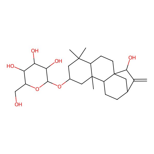 2D Structure of (2R,3S,4S,5R,6R)-2-(hydroxymethyl)-6-[[(1R,4R,7R,9R,10S,13R,15S)-15-hydroxy-5,5,9-trimethyl-14-methylidene-7-tetracyclo[11.2.1.01,10.04,9]hexadecanyl]oxy]oxane-3,4,5-triol
